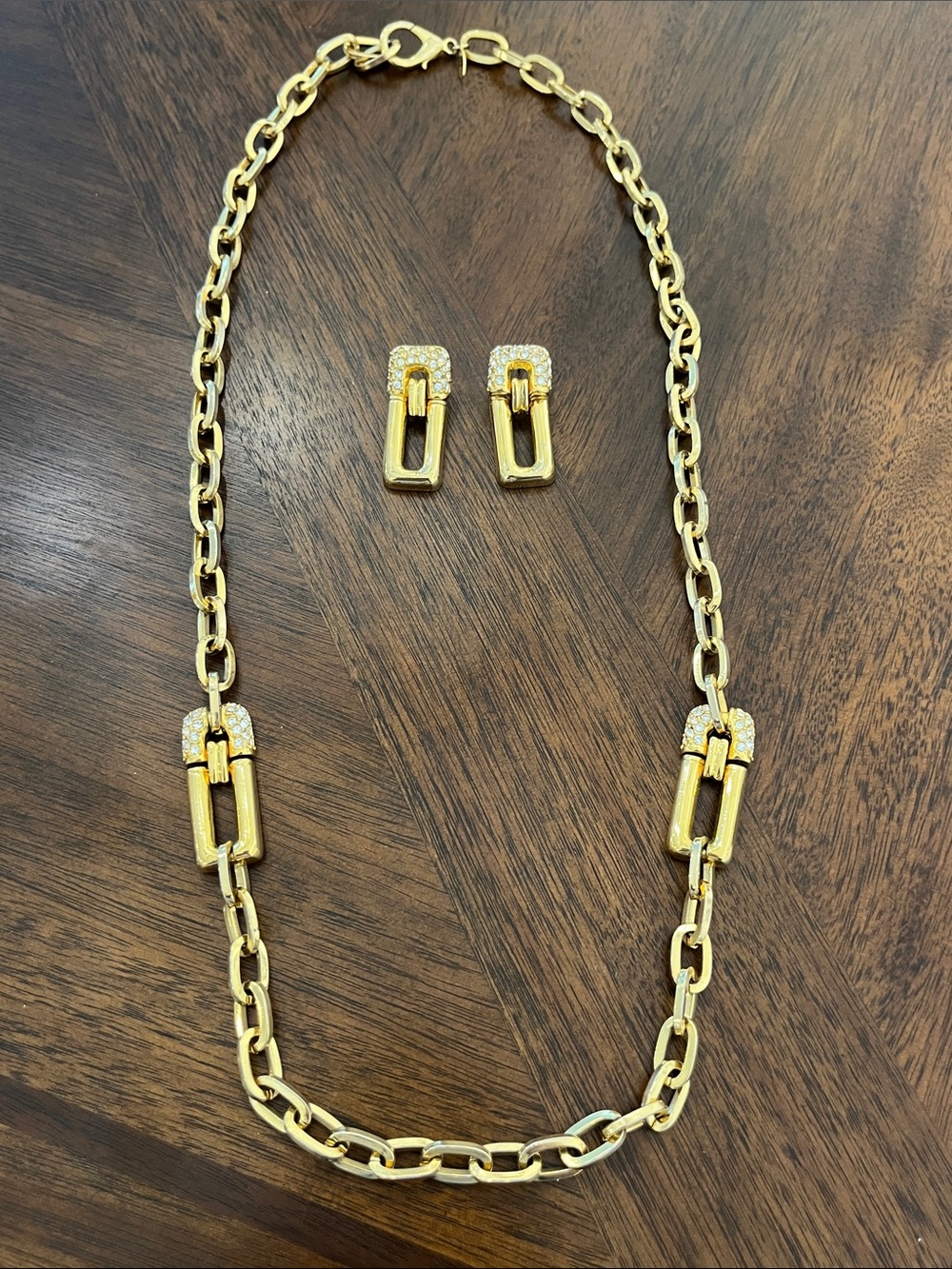 Gold-Tone Link Necklace and Earring Set with Pavé Rectangular Accents